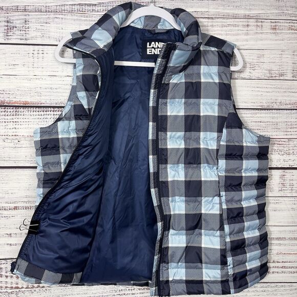 Land's End Puffer Blue Plaid Down Feather Insulated Full Zip Vest L/P 14/16 - Picture 3 of 10